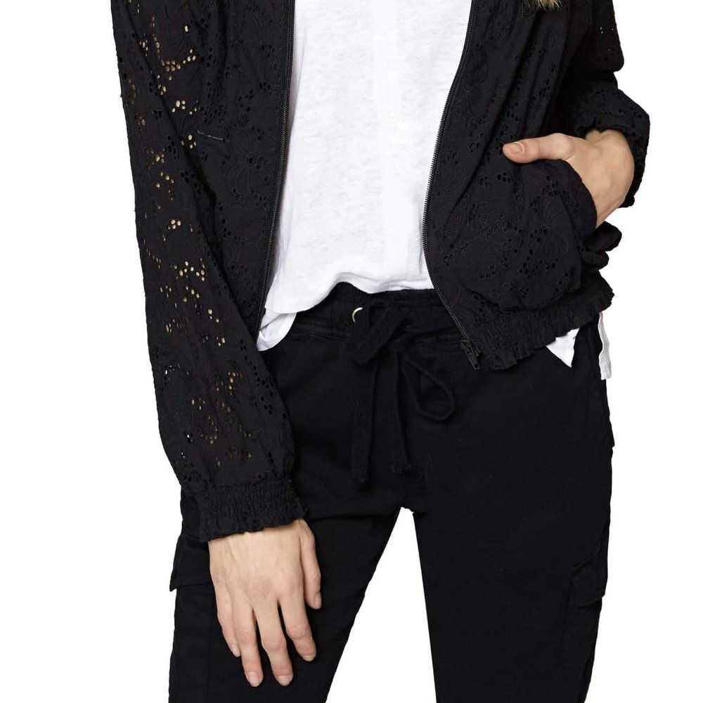 Sanctuary New IN BLOOM Eyelet Bomber Zip-Up Jacket XL Womens Topper Cotton BLACK - Picture 3 of 16